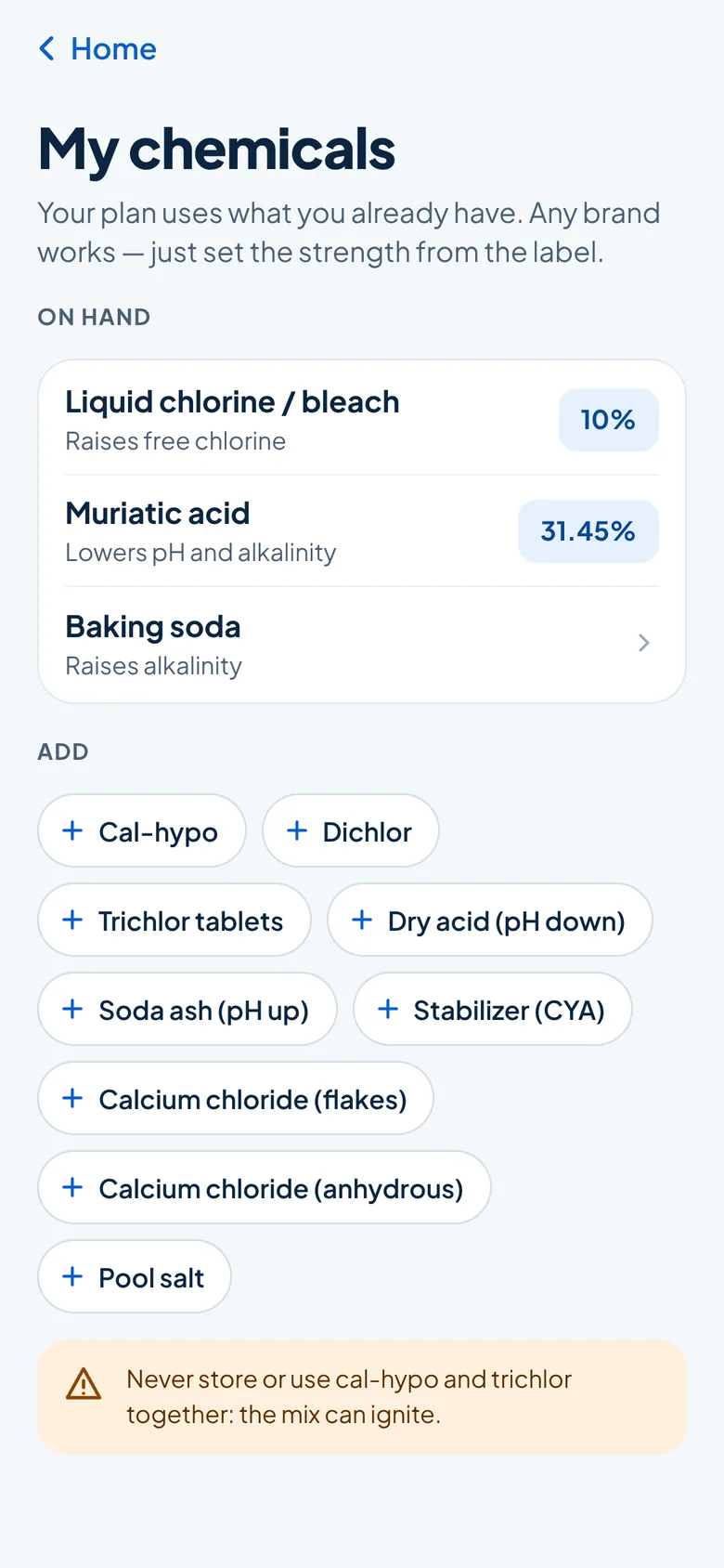 My chemicals screen: liquid chlorine 10%, muriatic acid 31.45% and baking soda on hand, more chemicals to add