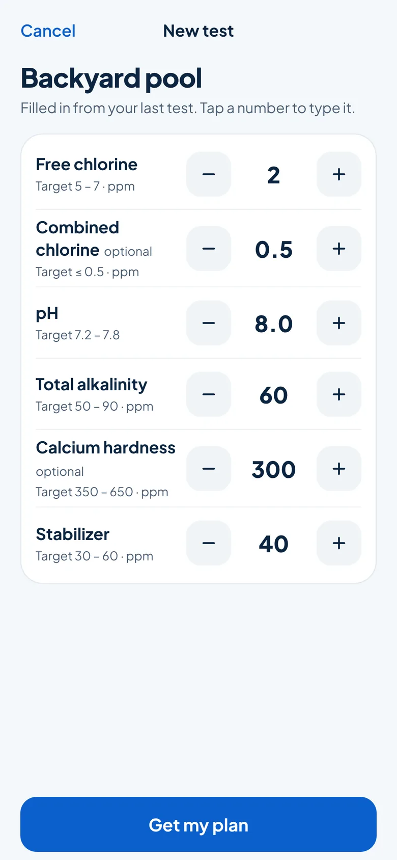 New test screen with steppers for free chlorine, combined chlorine, pH, alkalinity, calcium and stabilizer